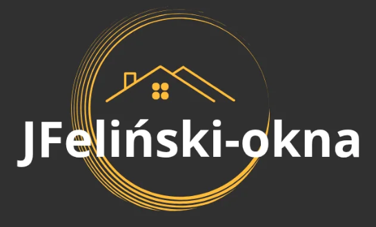 Logo JFeliński-okna w wersji z wyraźnym, białym napisem na ciemnym tle. Nad nazwą znajduje się grafika dachu domu wpisana w złoty, świetlisty okrąg wykonany z cienkich linii.