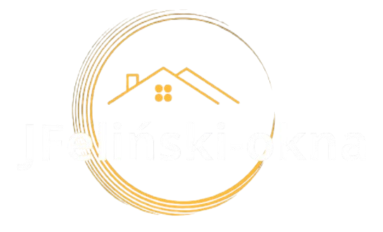 Logo firmy JFeliński-okna w kolorze złotym i białym. Nad białym napisem znajduje się uproszczony zarys dachu domu z kominem i oknem, wpisany w okrąg złożony z delikatnych, łukowatych linii.