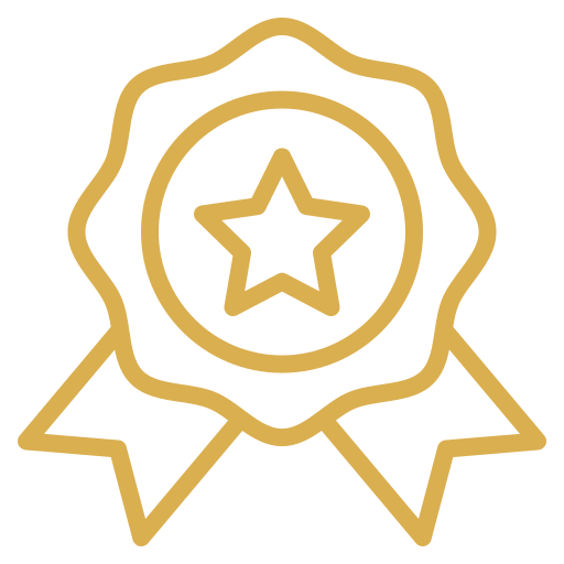 Złota ikona przedstawiająca medal z rozetą i gwiazdą w środku. Pod medalem widoczne są dwie wstążki. Całość wykonana jest cienką, elegancką linią.